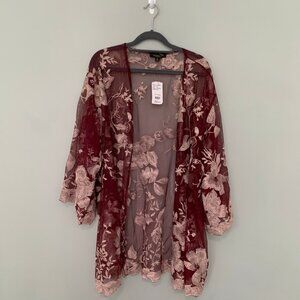 NEW Suzanne‎ Betro floral lace elbow sleeve flowy sheer tunic cardigan kimono